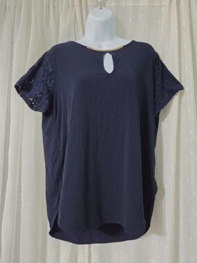 Michael Kors Women's Navy Lace Sleeve Keyhole Top